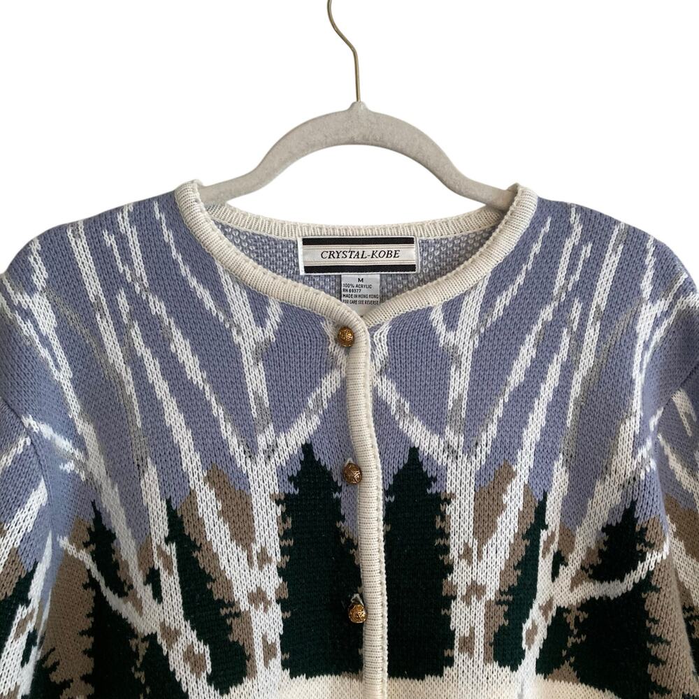 Vintage 90s Winter Forest Scene Cardigan Birch Trees Sz M - Picture 3 of 15